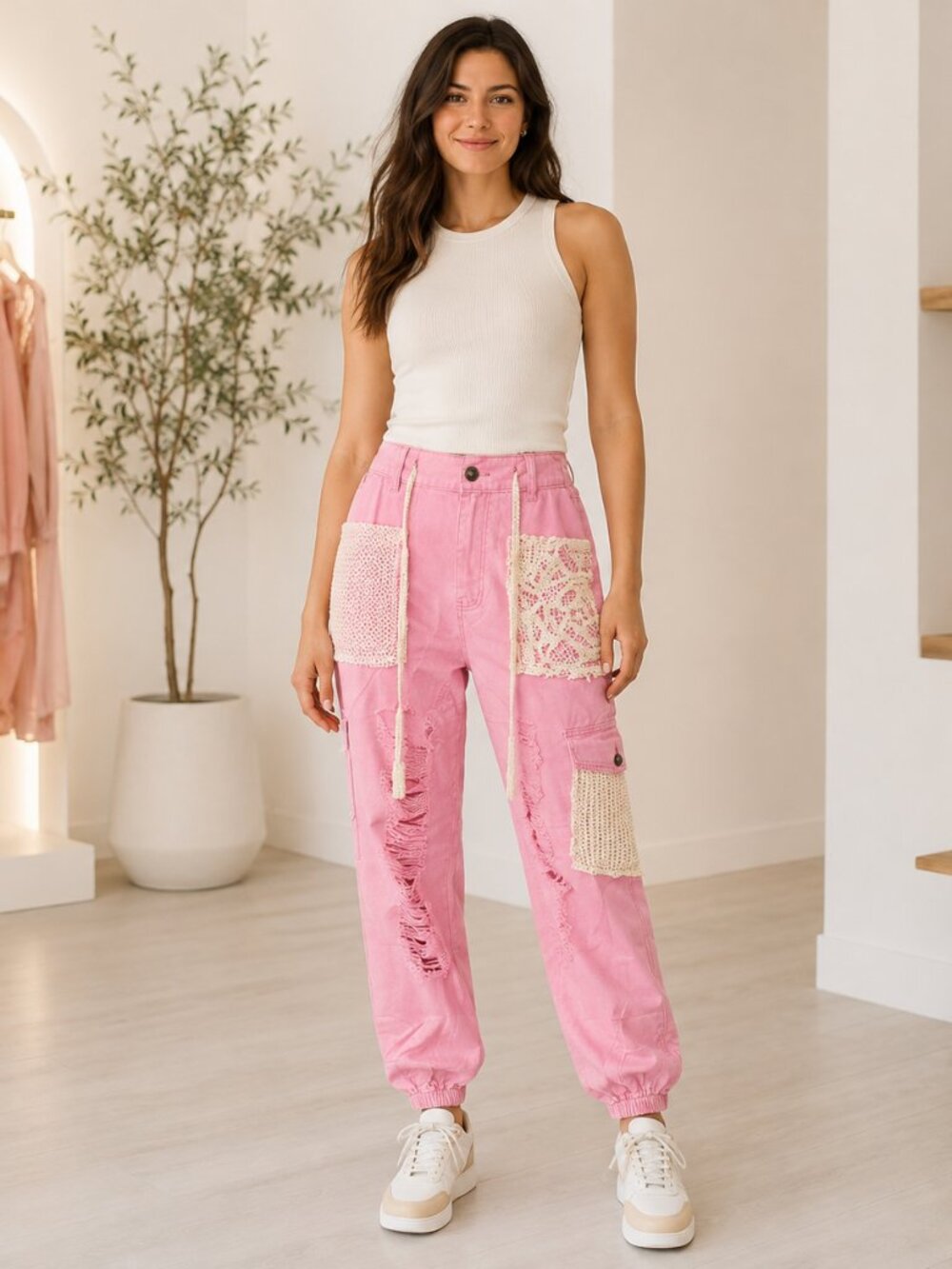 POL Pink Distressed Crochet Cargo Denim Jogger Pants M